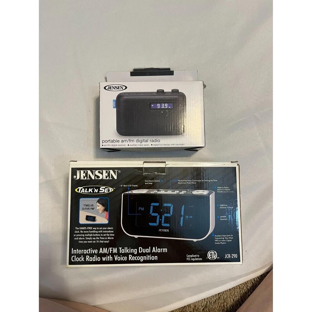 Lot of 2 Jensen SR-50 Portable AM/FM Digital Radio & JCR-290 Talking Alarm Clock